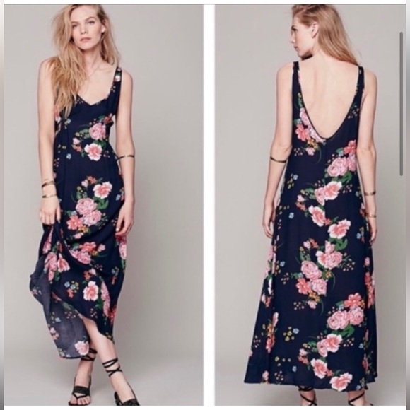 [S] Free People Navy Blue & Pink Softest Floral Maxi Dress Loungewear - Picture 1 of 13
